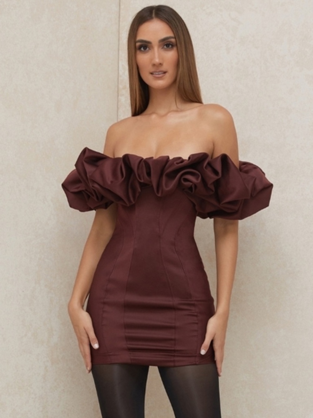 HOUSE OF CB 'Selena' Raisin Satin Puff Shoulder Dress